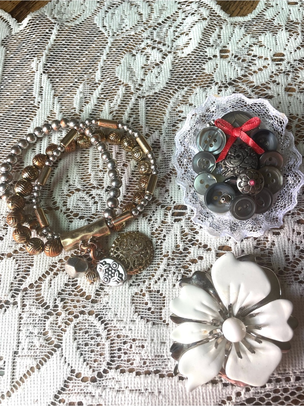 Gold & Silver Beaded Charm Bracelet Set - White Flower Brooch